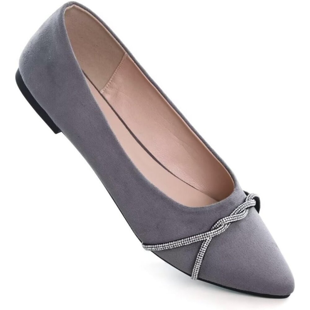 Women's Grey Casual Flats Fashion Chain Pointed Toe Ballet Flat Rhinestone - Picture 7 of 7